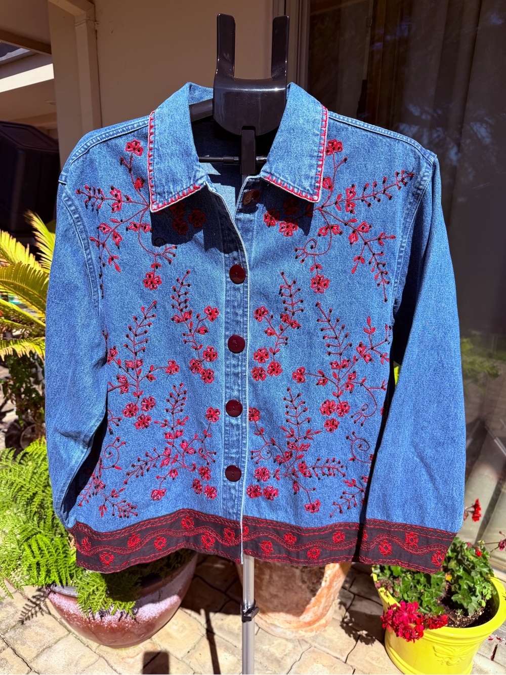 Vintage 90’s Women's Blue Denim Jacket with Red Floral Embroidery